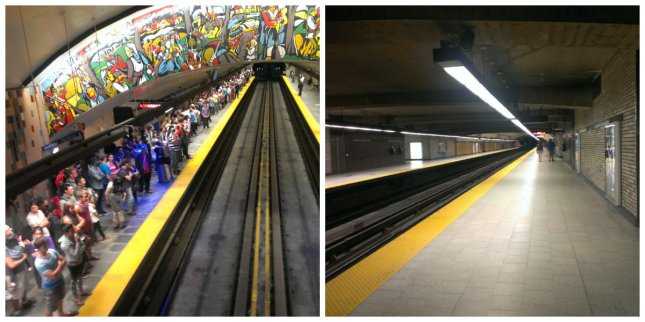Left: metro platform after the fireworks - Right: metro platform the following morning :-)